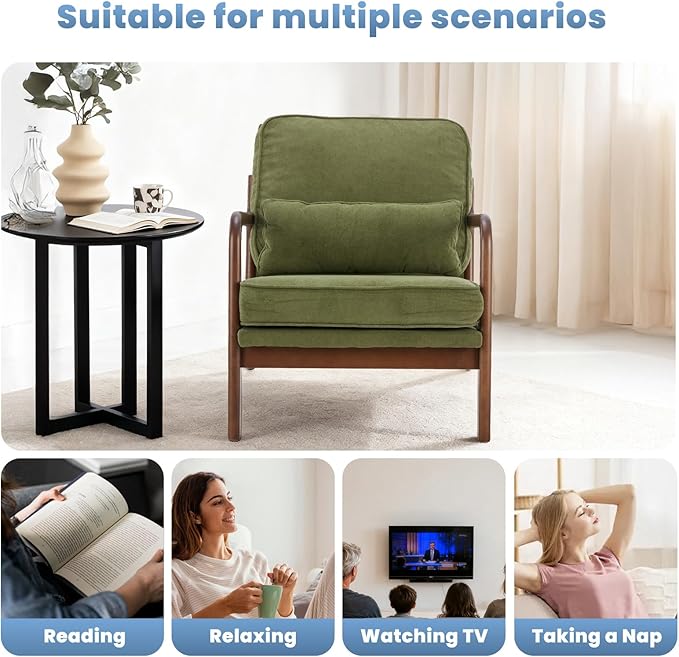 DUMOS Mid Century Accent Chair, Modern Living Room Chairs with Arms and Waist Cushion, Reading Chairs for Adults, Lounge Chair for Bedroom, Solid Wooden Frame, Classic Green