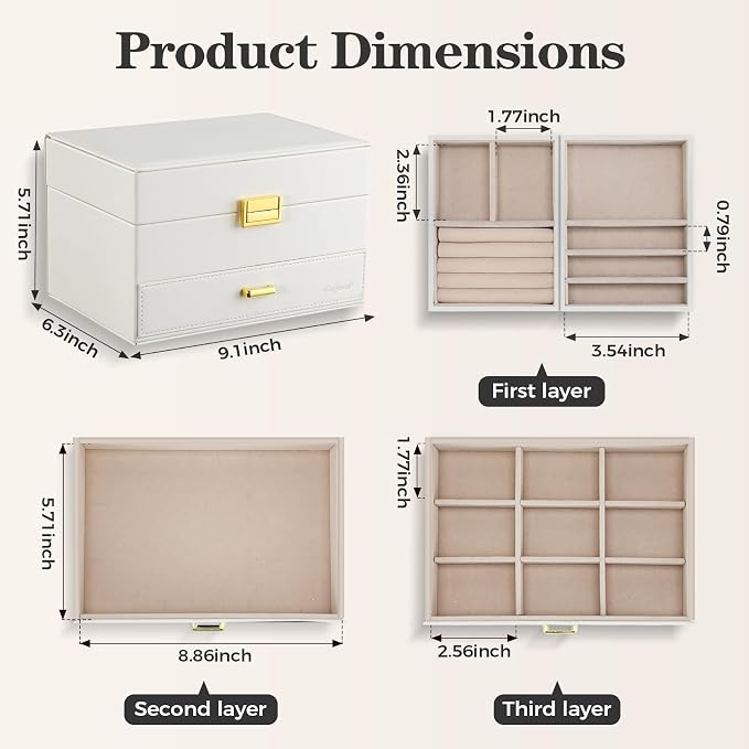 Dajasan Jewelry Organizer Box, Large Jewelry Boxes for Women Girls, Space-Saving 3 Layers Jewelry Storage Case with Drawer, Movable Metal Stand, Modern, Gift Idea (Cloud White + Gold) - Image 3