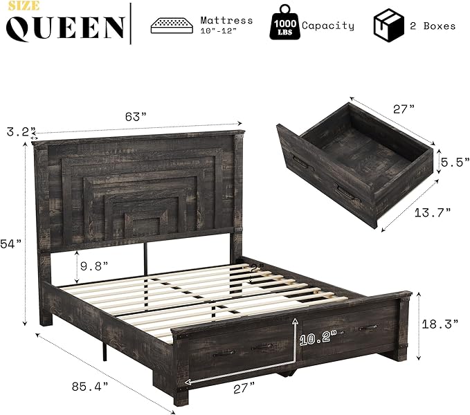 AMERLIFE 5 Pieces Farmhouse Bedroom Set, Includes Rustic Queen Bed Frame with 54" Tall Headboard, 6 Drawer Dresser, 5 Drawer Tall Chest, Nightstands Set of 2 with Charging Station, Black Oak