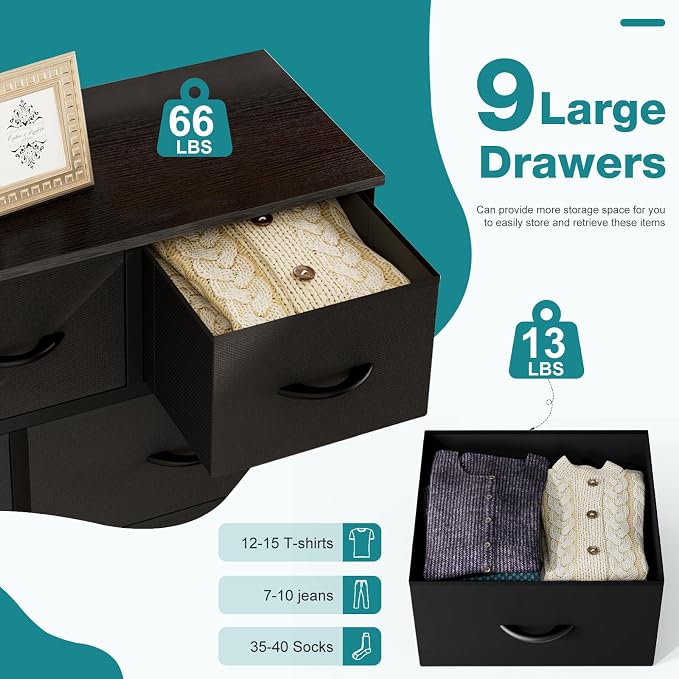 OLIXIS 9 Drawers Storage Organizers Units, Closet Organizers and Storage for Clothes, Fabric Storage Drawer for Living Room, Chest of Dresser in 39.4" D x 11.8" W x 39.9" H, Black - Image 4