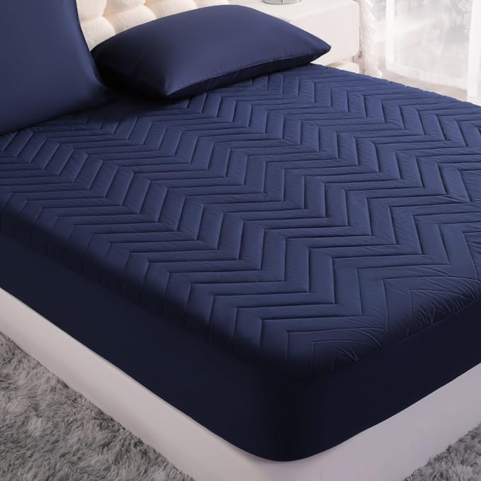 1 Pack Waterproof Mattress Protector, Quilted Mattress Pad with 15 Inch Deep Pocket, Soft Breathable Microfiber Surface, Machine Washable Bed Mattress Cover, Navy Blue