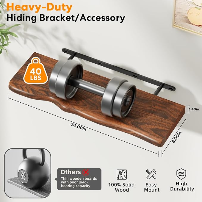 Solid Wood Live Edge Floating Shelves Set of 2 – 24" Rustic Wall Shelf with Hidden Bracket System, Wall Mounted Shelves for Bathroom, Kitchen, Living Room, Bedroom (Glazed Walnut) - Image 3