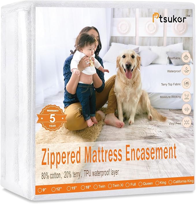 Waterproof Mattress Protector Full Size Bed 54"x75", Fit 7/8/9 inch Deep, Zip on, Dorm Room Essentials