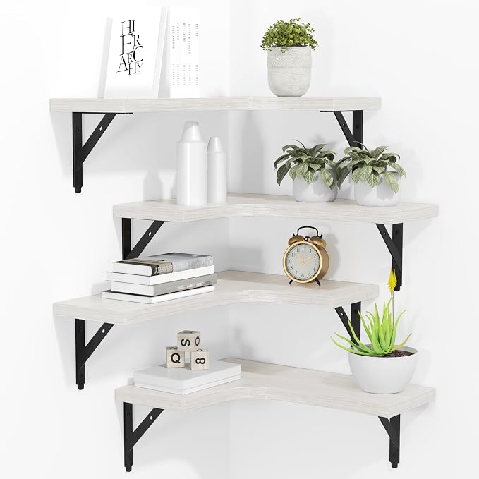 ROMGUAR CRAFT Corner Floating Shelves Wall Mounted Set of 4, Rustic Wood Storage Display Shelves for Home Decor, Bathroom, Kitchen, Bedroom, Living Room, Office (White) by ROMGUAR+CRAFT