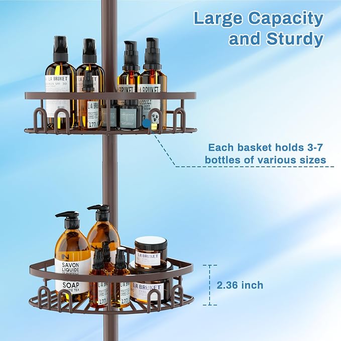 Rustproof Shower Corner Caddy Shelf for Bathroom Tension Pole Organizer with 4 Baskets for Bathtub Shampoo Storage from 23.6 to 114.5 Inch with Towel Bar (Bronze) - Image 5