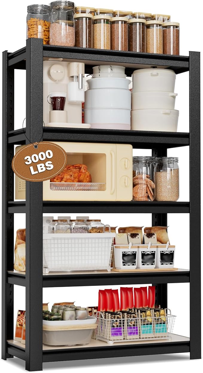 WORKPRO House 5-Tier Shelving Unit, 3000lbs Adjustable Storage Shelves, Boltless Book Shelf, Shelf Organizer for Kitchen, Living Room, Bathroom, Wood Grain Pattern, Waterproof Board, 24-1/10"W, Black by WORKPRO