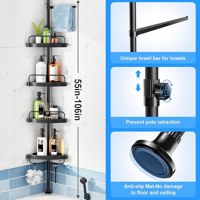 HAMITOR Corner Shower Caddy Tension Pole: Adjustable Stainless Steel Shower Organizer 4 Tier Shelf for Bathroom Bathtub Shampoo - Floor Standing Rack Bath Storage Holder with Rust Proof Rods - Black - Image 5