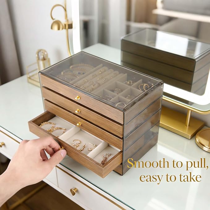 Wooden Jewelry Box Organizers and Storage for Girls Women 5 Drawers Multi-Layer Storage Case for Rings Earrings Necklaces Bracelets Vintage Box - Image 4
