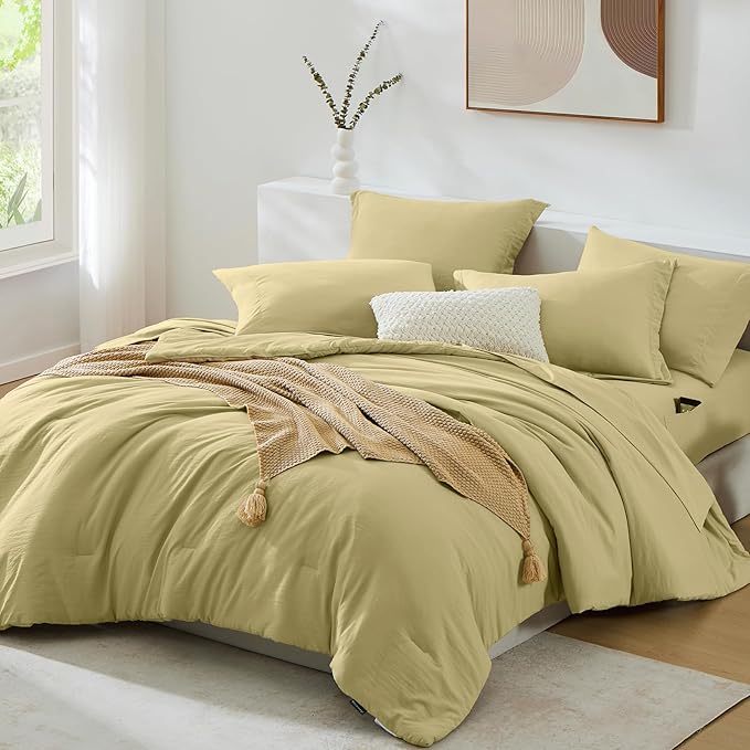 WRENSONGE Queen Comforter Set - 7 Pieces Hemp Soft Bed in a Bag Queen with Fitted Sheet, Flat Sheet, 2 Pillow Shams, and 2 Pillowcases- Warm Bedding Sets for All Season