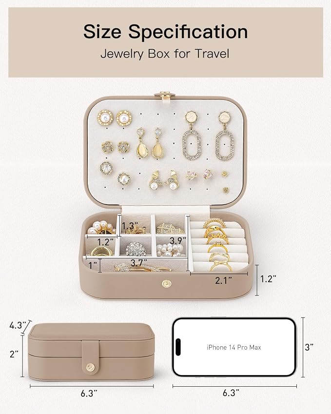 VLANDO Travel Jewelry Case for Women Girls Mothers, PU Leather Small Jewelry Box for Rings, Necklaces, Bracelets, Earring Holder Organizer Storage for Travel Accessories, Valentines Gift - Toffee - Image 5