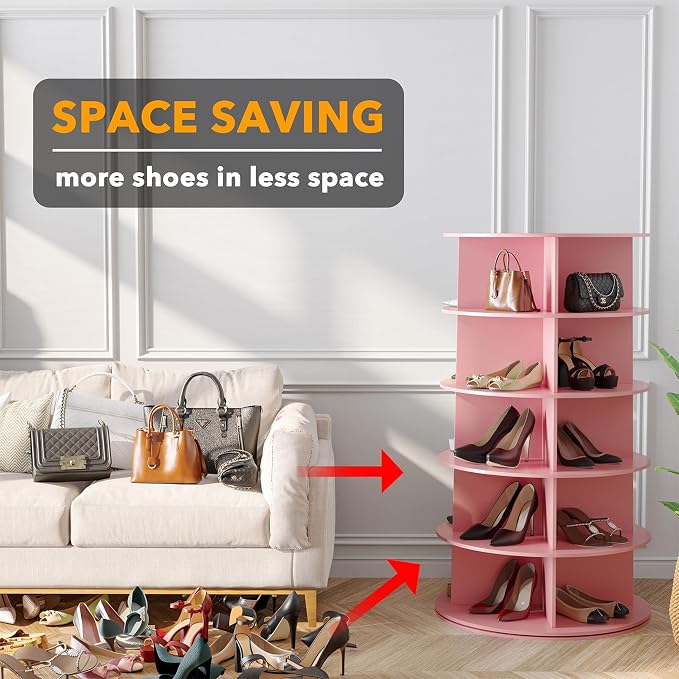 SpaceAid 5 Tier Rotating Shoe Rack Tower, Spinning Shoe Display Lazy Susan, Revolving 360 Shoe Rack Storage Round Carousel, Vertical Handbag Rotate Shoes Closet Organization (5-Tier Pink) - Image 3