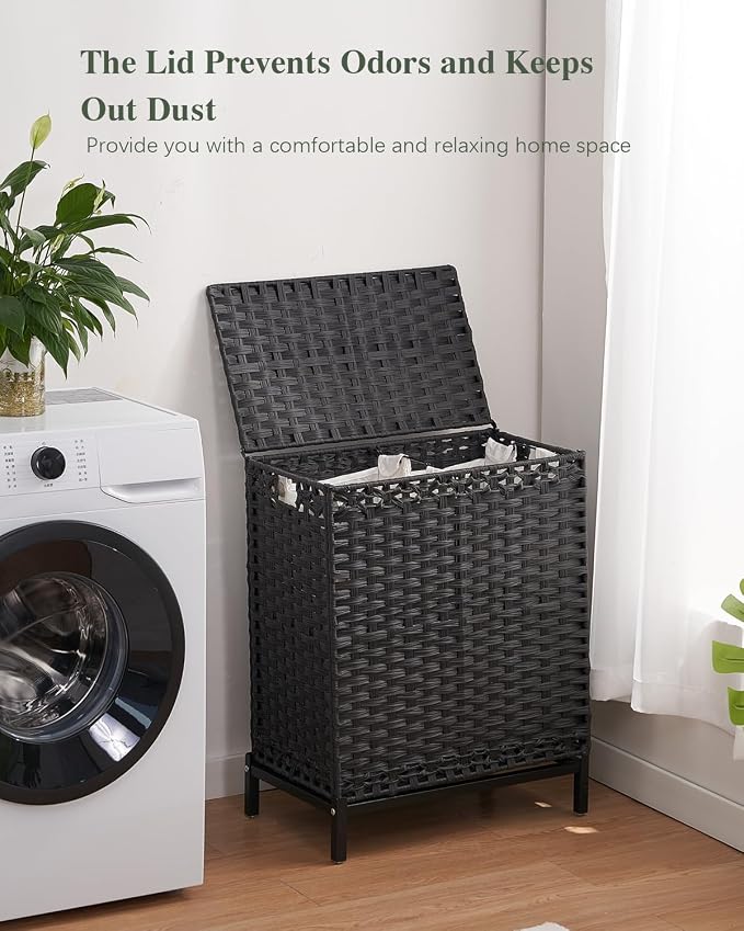 SETVSON Laundry Hamper with Lid, 112 L Handwoven Rattan Wicker Laundry Basket, 2 Removable Liner Bags Metal Heightened Feet, 6 Mesh Bags, 2 Section Large Clothes Hamper for Bathroom Bedroom, Black - Image 7