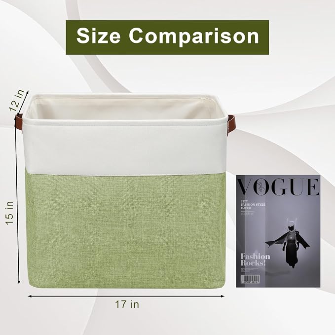 Bagnizer Large Fabric Storage Baskets | 50L Storage Bins, Decorative Linen Closet Baskets with Handles for Organizing, Shelf, Toys, Clothes, Home, Office, Nursery, 17x12x15Inches (Green&White) - Image 3