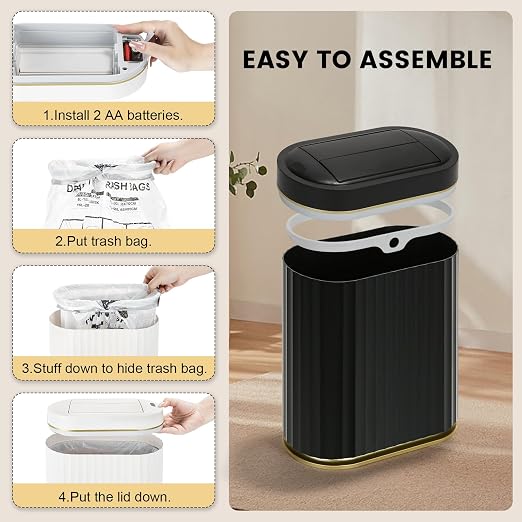 ELPHECO Bathroom Trash Can with Lid Butterfly, Motion Sensor Trash Can Bathroom Decor Automatic Garbage Can Wastebasket Bathroom Accessories, Kitchen, Living Room, Office, Black Gold - Image 2