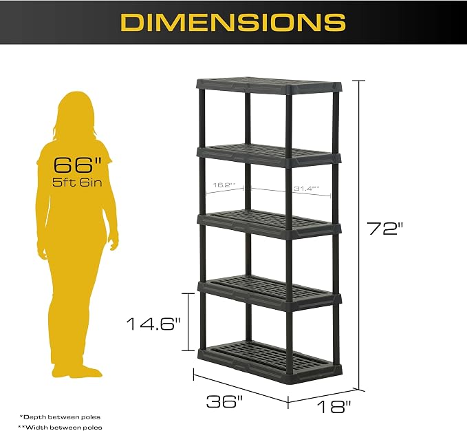 CENTREX CX 5-Tier (72”H x 36”W x 18”D) Plastic Storage Shelving Unit (Black), Heavy Duty, 150lbs Per Shelf Capacity, Indoor/Outdoor Storage and Organization in Home, Garage, Office with Easy Assembly - Image 2