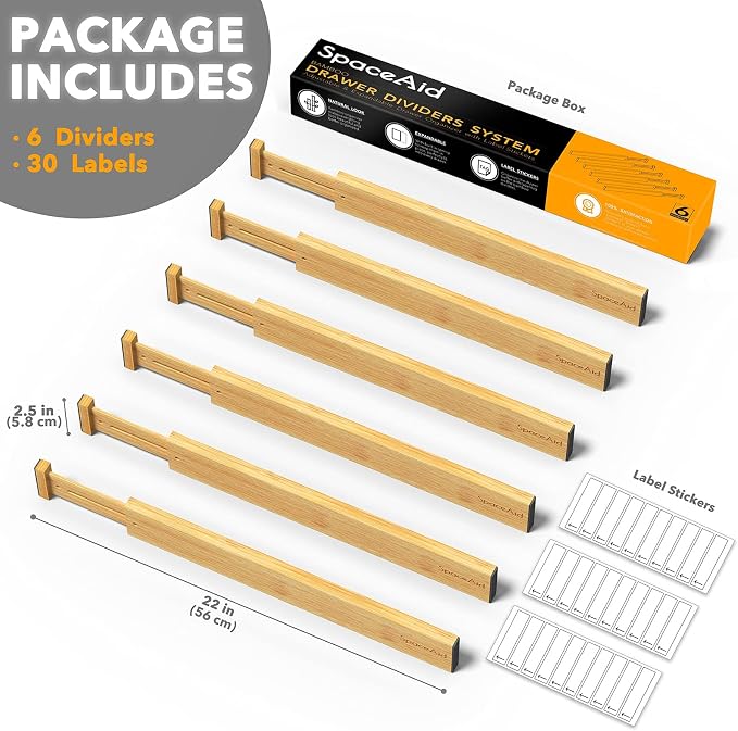 SpaceAid Bamboo Drawer Dividers with Labels, Kitchen Adjustable Drawer Organizers, Expandable Organization for Home, Office, Dressers and Bathroom, 6 Dividers (17-22 in) - Image 3
