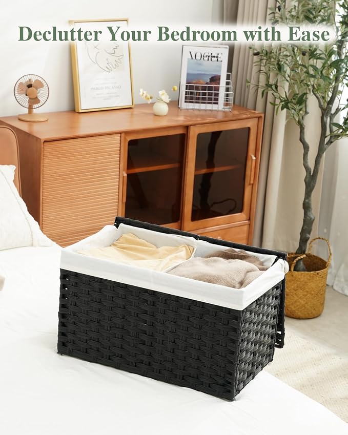 SETVSON Storage Basket with Lid Rattan Woven Storage Baskets with 2 Separate Lids, 17.2 Gallon (65 L), Wicker Storage Bins Foldable, 2 Removable Liner Bags Handles for Bedroom, Laundry Room Black - Image 7