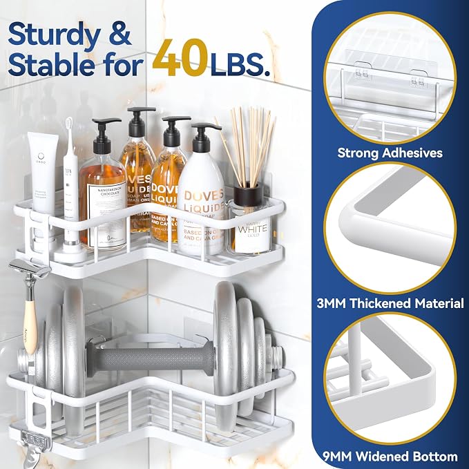 YASONIC Shower Caddy Corner, 2-Pack Adhesive Rustproof Stainless Steel Shower Shelves with Soap Holder, No Drilling Shower Organizer Corner for Dorm, Renters Bathroom White - Image 4