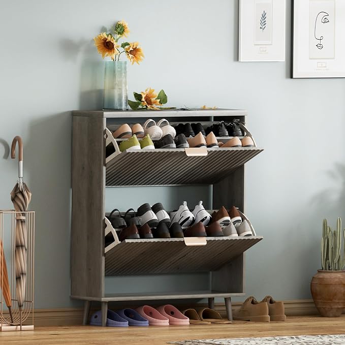 Shoe Cabinet Storage,Modern Freestanding Organizer with 2 Flip Drawers,Narrow Shoe Rack Cabinet for Entryway,Grey - Image 6