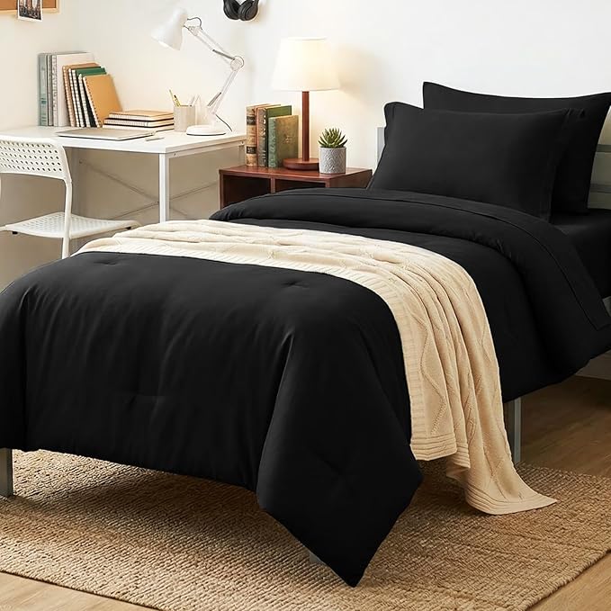 CozyLux Twin Comforter Set Black, 5 Pieces Bed in a Bag Twin Comforter Set with Sheets, All Season Bedding Sets with Down Alternative Comforter, Fitted Sheet, Flat Sheet, Pillow Sham and Pillowcase