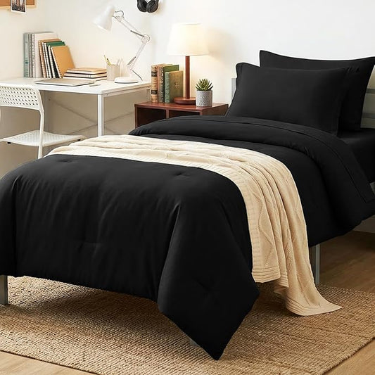 CozyLux Twin XL Comforter Set Black, 5 Pieces Bed in a Bag Twin Extra Long Comforter Set with Sheets for College Dorm, Luxury Bedding Sets with Down Alternative Comforter, Sheets, Pillowcase & Sham
