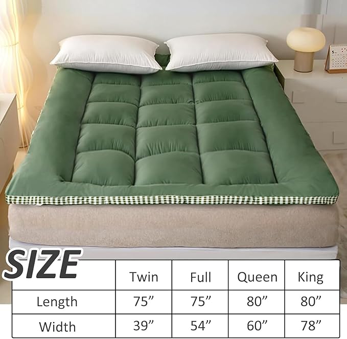 Thick Mattress Topper Full Size - Non-Slip Mattress Pad Cover for Back Pain Breathable Folding Sleeping Pad Machine Washable Mattress Protector (54x75 inch,Green)