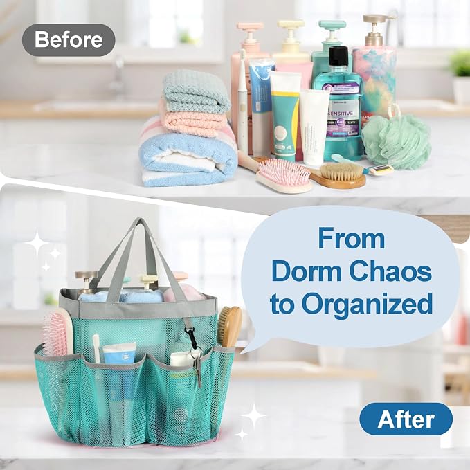 F-color Mesh Shower Caddy Portable, Upgrade Deeper 7 Pockets Shower Bag Basket Bag for College Dorm Room Toiletry Bathroom Essentials Gym Camp Quick Dry 2 handles with S Hook, Mint Green - Image 2