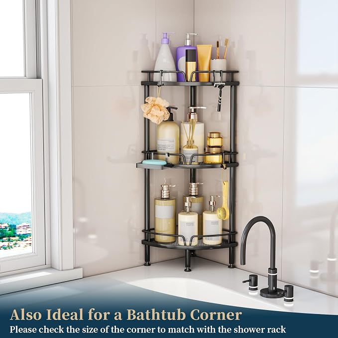 Consumest Corner Shower Caddy Stand - 3 Tier Shower Organizer with Soap Holder, Tall Floor Corner Shelves Standing with Adjustable Feet & 4 Hooks, Storage Rack for Bathroom Black - Image 7