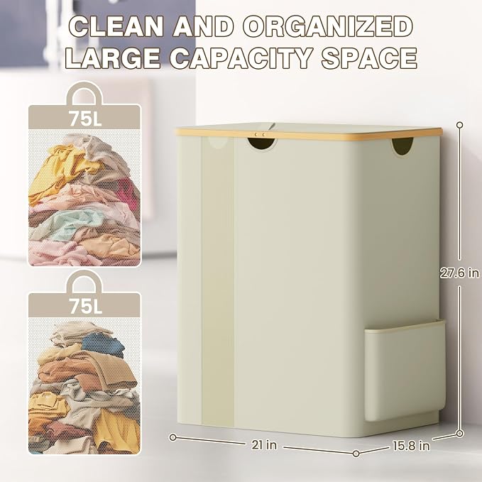 BlissTotes Laundry Basket with Lid, 150L Clothes Laundry Hamper with Handles and 2 Removable Laundry Bag, Breathable Design Hamper with Lid for Bedroom, Bathroom, Dorm, Laundry Room - Beige - Image 3