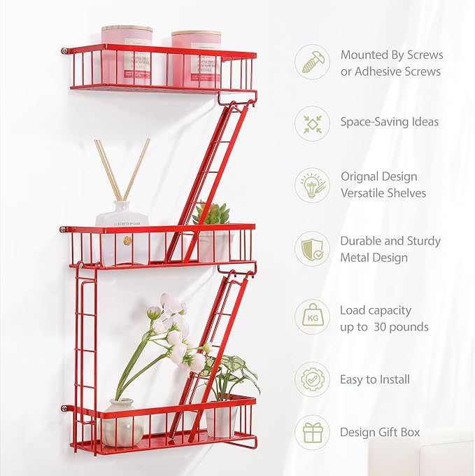 SweetSage Fire Escape Wall Shelf Red - New York Wall Art Decorative Figure Display Floating Shelves Metal Racks for Living Room, Home Office Storage (3-Tier) - Image 3
