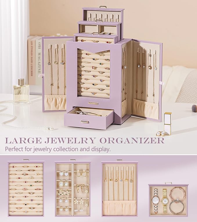 Homde Jewelry Organizer with Transparent Window Necklace Hooks Gift for Women Jewelry Box Display Case for Necklaces Rings Earrings Bracelets and Other Accessories (Grey Purple) - Image 5