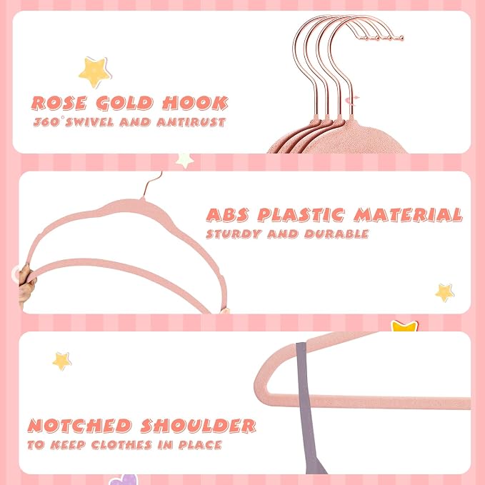 ManGotree Baby Velvet Hangers with 360° Swivel Rose Gold Hook, 11" Non-Slip Toddler Hanger, Ultra Thin Space Saving Infant Hangers for Kids Clothes, 15 Pack (Light Pink) - Image 3