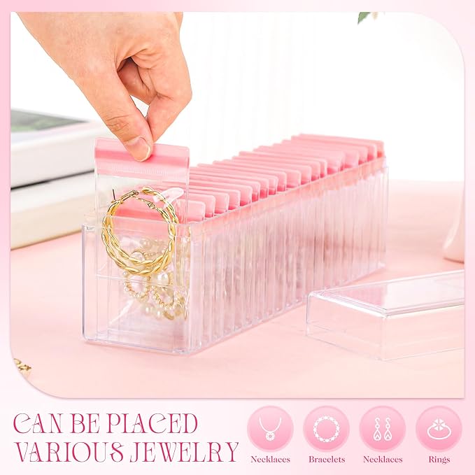 Kenning 21 Pcs Acrylic Jewelry Case Organizer, Clear Jewelry Organizers Holder with Portable Anti Tarnish Storage Bags for Rings, Earrings, Necklaces, Ideal Gifts for Women (Pink) - Image 4