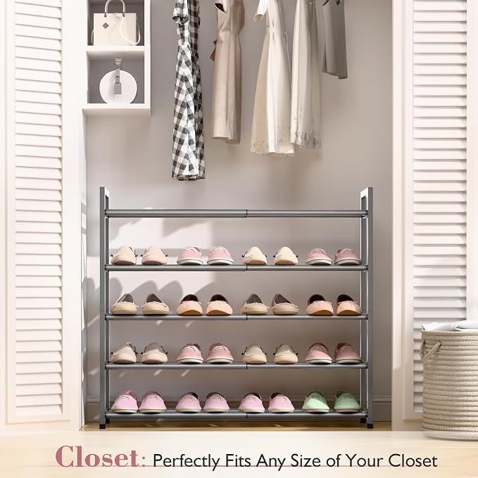 Bumusty 5-Tier Expandable Shoe Rack for Closet, 18“-33” Adjustable Shoe Rack for Small Space, Small Shoe Organizer for Front Door, Sturdy Metal (Grey) - Image 2