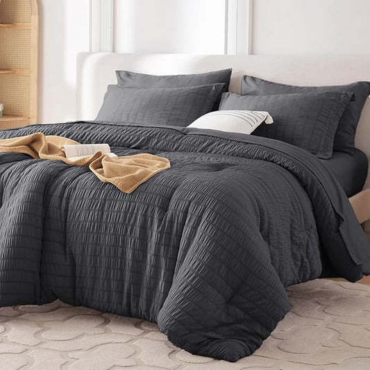 MUXHOMO 5 Pieces Twin XL Comforter Set, Seersucker Bed in a Bag Twin XL Size, All Season Luxury Bedding Set with Comforter, Flat Sheet, Fitted Sheet, Pillowcase & Sham, Dark Grey