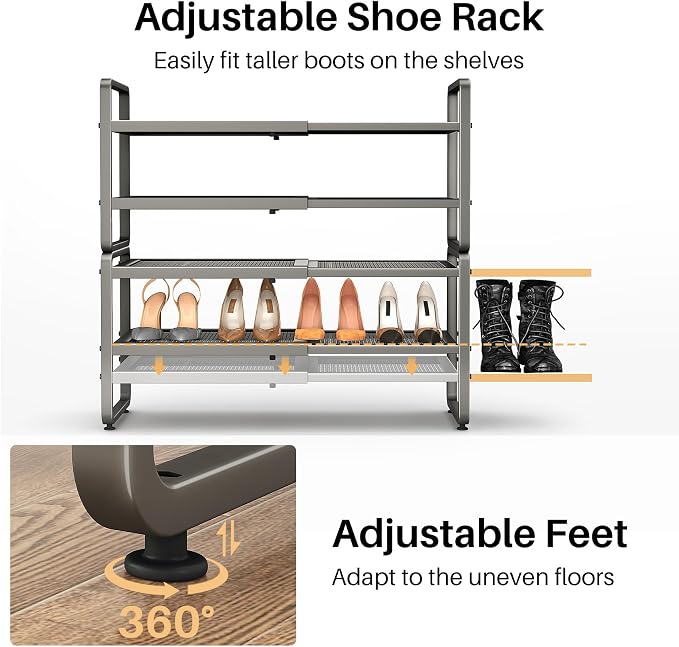 SNTD Shoe Rack - Expandable Shoe Organizer for Closet, Adjustable Metal Shoe Shelf Storage, Stackable Long Shoe Stand Holder for Garage, Entryway, Door Entrance (Grey, 4-Tier) - Image 7