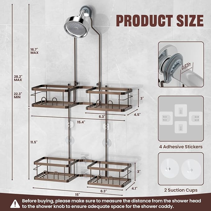 REINHARDT Adjustable Shower Caddy Hanging Rustproof Shower Caddy for Handheld Showerheads, Shower Organizer with Hooks Soap Holder, Anti-Swing Shower Rack Bathroom Accessories, Bronze - Image 6
