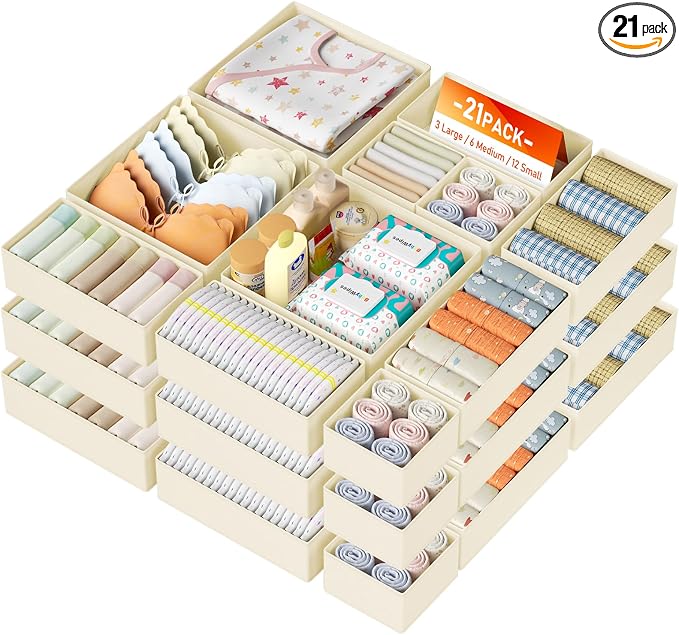 DIMJ Drawer Organizer Clothes, 21 Pack Dresser Organizer, Foldable Closet Organizers and Storage, Fabric Dresser Bins, Drawer Dividers for Nursery, Baby Clothes, Underwears, Sock by DiMJ