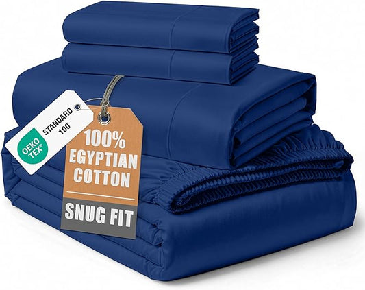 LANE LINEN 100% Egyptian Cotton Queen Sheet Set, Luxury Hotel Like Thick Fully Elasticized Mercerized Sheets Queen Size Set, No Pill Fade Resistant Bedding Sheets & Pillowcase Set - Sea Sail