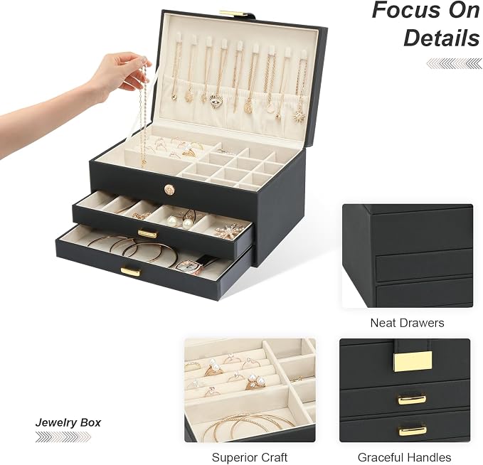 Jewelry Holder Organizer, Leather Jewelry Set Box with 2 Drawers, Jewelry Storage Box for Women Girls(Black) - Image 8
