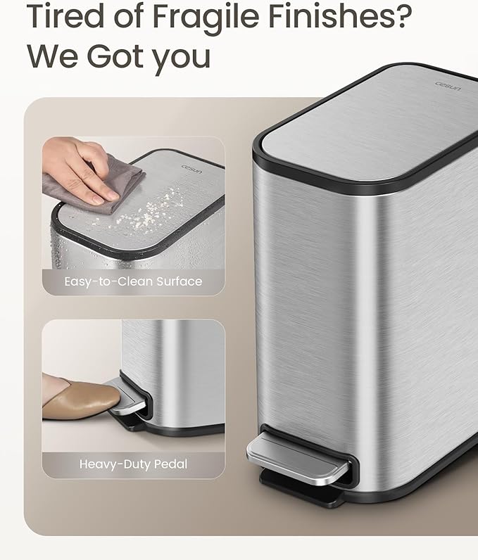 Cesun Small Bathroom Trash Can with Lid Soft Close, Step Pedal, 5 Liter / 1.3 Gallon Stainless Steel Garbage Can with Removable Inner Bucket, Waste Basket for Bathroom, Bedroom (Silver) - Image 3