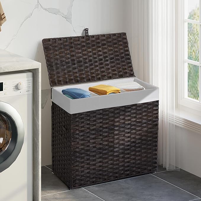 Greenstell Laundry Hamper with Lid, 125L Large Clothes Hamper with 3 Section & 2 Section Removable Liner Bags & 5 Mesh Laundry Bags, Handwoven Synthetic Rattan Divided Laundry Basket, Brown - Image 8