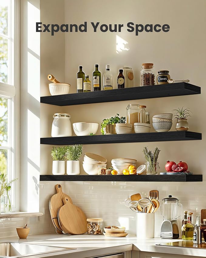 AMADA HOMEFURNISHING 47.2" L Floating Shelves, Wall Shelves Set of 3 for Bathroom/Living Room/Bedroom/Kitchen, Black Floating Shelves for Wall Decor with Invisible Brackets - AMFS55B - Image 3