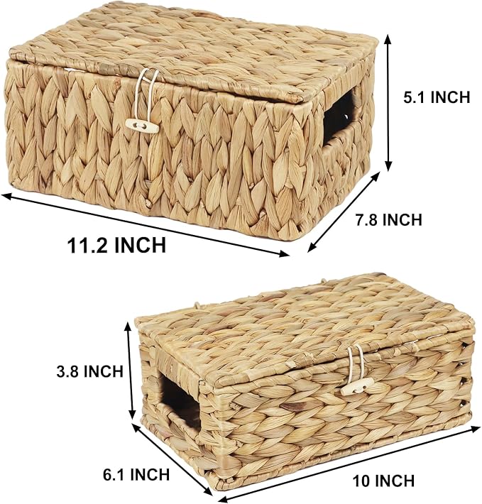 Set of 2 Wicker Baskets with Lid, Small Woven Wicker Storage Bins, Natural Water Hyacinth Basket Multipurpose Decorative Storage Boxes for Shelf Organizer (11.2" x 7.8" x 5.1" + 10" x 6.1" x 3.8") - Image 2