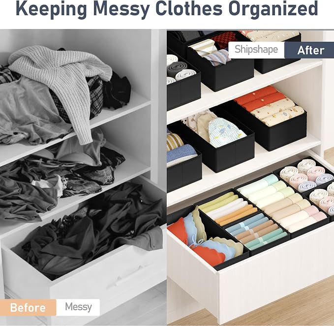 DIMJ Drawer Organizers Clothes, Set of 16 Dresser Organizer Bins, Fabric Closet Organizers and Storage, Shallow Drawer Dividers for Nursery, Clothing, Baby Clothes, Socks, Underwears, Tie (Black) - Image 6
