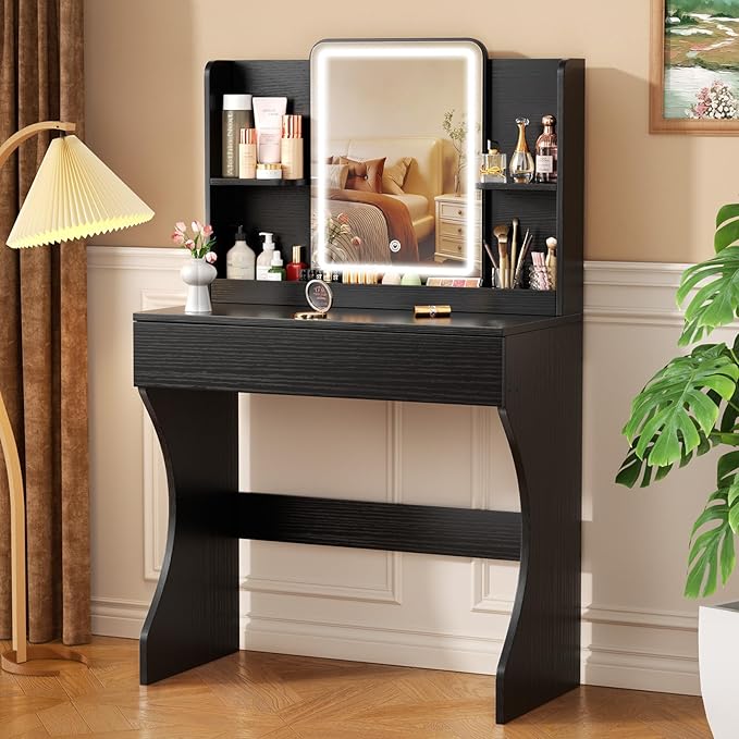 Small Vanity Desk with Mirror and Lights, Makeup Vanity with Storage Drawer, 2 Shelves and 3 Compartments - Black
