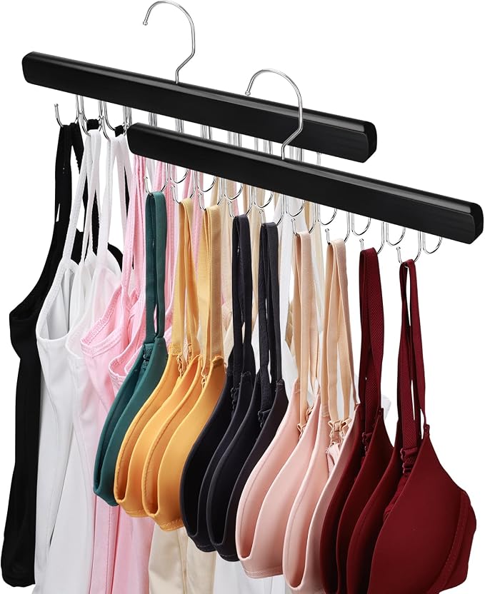 NECAMOCU 2 Pack Bra Hanger for Closet Organizer, Premium Wooden Tank Top Hangers with 36 Foldable Hooks, 360° Rotating Design, Space Saving Storage for Tank Tops, Bras, Scarves and More, Black by NECAMOCU