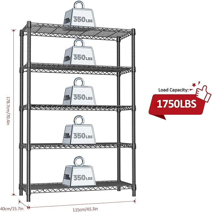 IZEUK 1750 LBS Garage Shelving Wide Storage Shelves Metal Shelves Heavy Duty Adjustable Utility Shelf Rack (Black, 5 Tier, 15.7" D x 45.3" W x 70.9" H) - Image 3