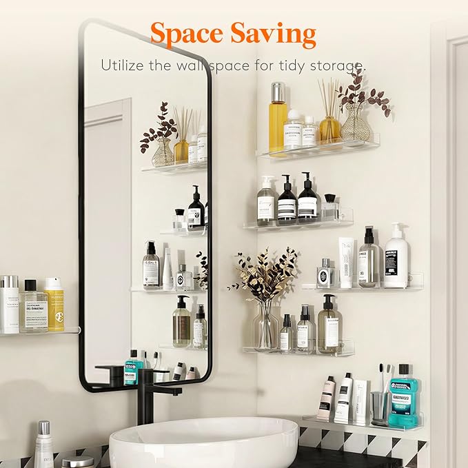 Lifewit Floating Shelves for Bathroom, Acrylic Wall Organizer for Perfume, Makeup, Figures, Nail Polish, Photo, Book, 14" Decor Display Rack for Nursery, Living Room, Bedroom, Kitchen, Clear, 4 Pack - Image 2