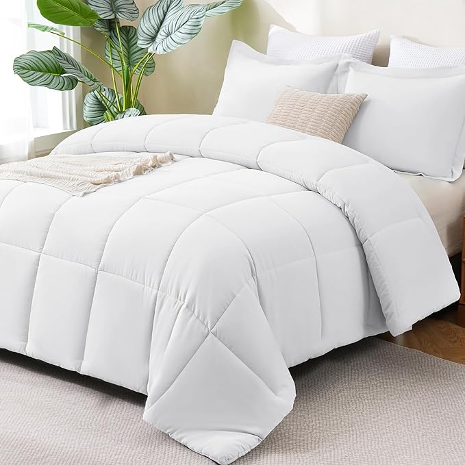 CozyLux King Size Comforter Set - White Comforter King Size, 3 Pieces Box Stitched Bed Set for All Seasons, Soft Lightweight Bedding Sets with 1 Down Alternative Comforter and 2 Pillow Shams